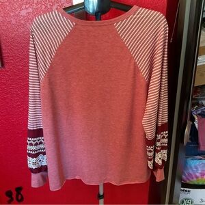 Women’s Maroon and white striped long sleeve top. Size Large. EUC size large